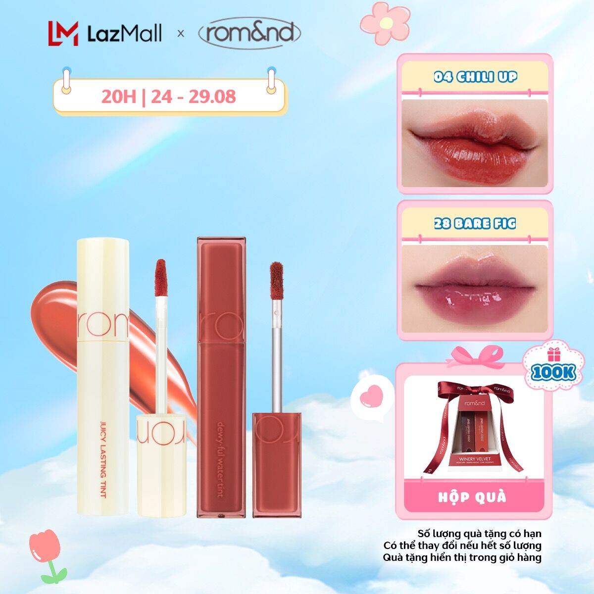 Combo Son Tint bóng lì Hàn Quốc Romand Juicy Lasting Tint 5.5g + Son tint bóng, siêu lì Romand Dewyful Water Tint 5g