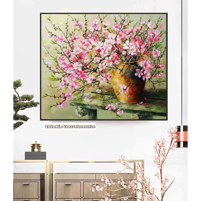 Tranh Thêu Kín Bình Hoa Đào Vs8234(60x80cm) Chưa Thêu Mẫu Mới Chưa Thêu