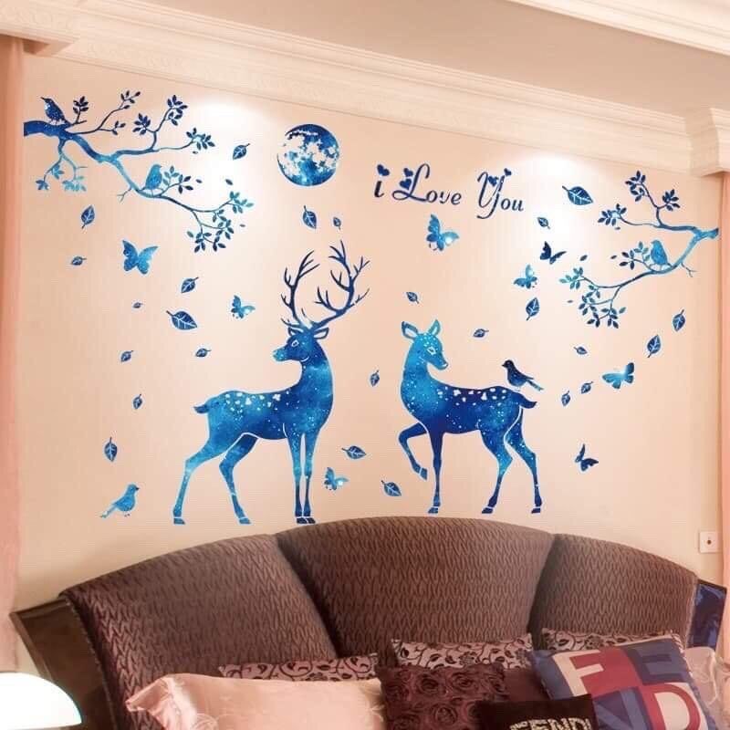 Decal dán tường đôi nai xanh và cửa sổ( tranh ghép)