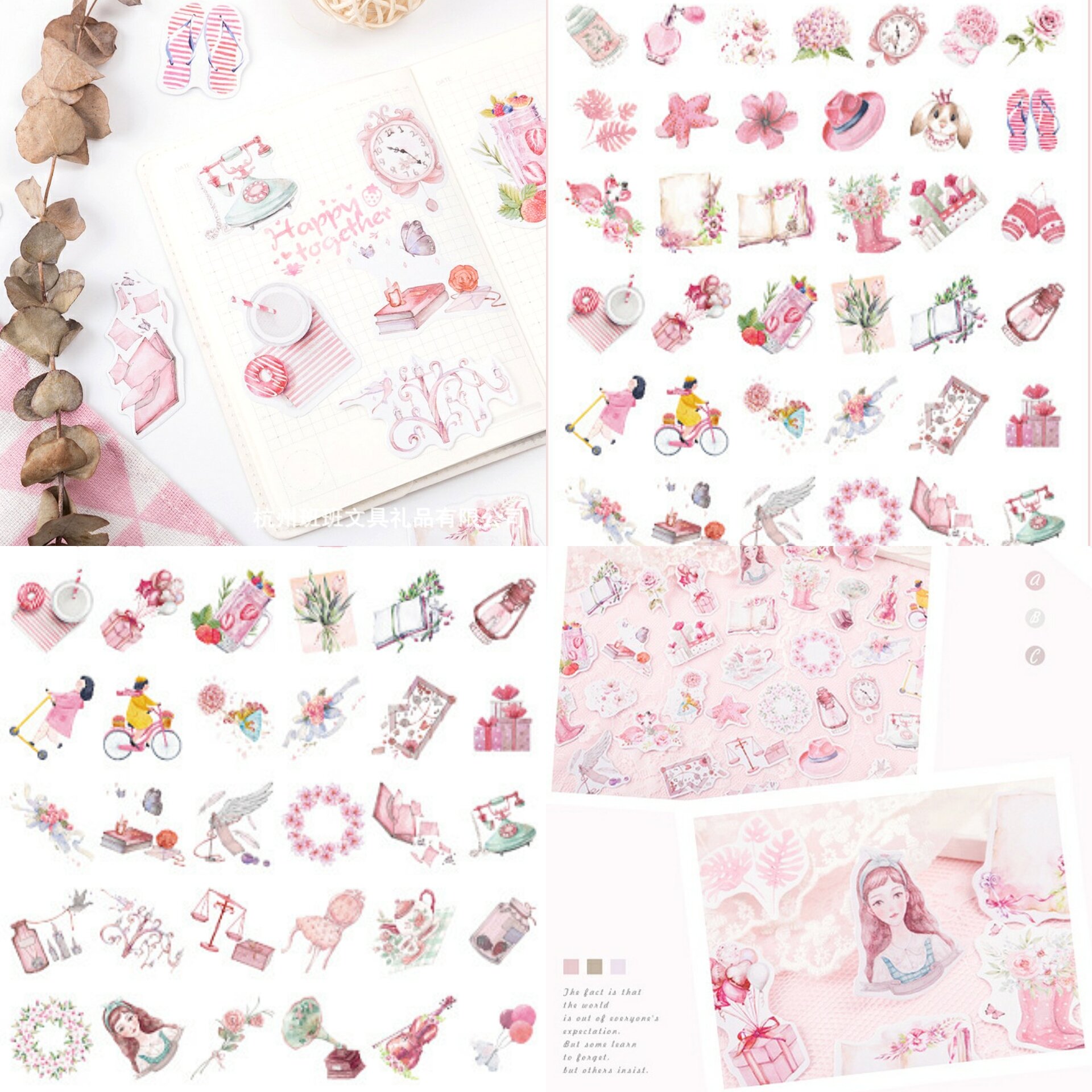 50, 200 Hình dán cổ điển Châu Âu pink series Sticker màu hồng xinh xắn