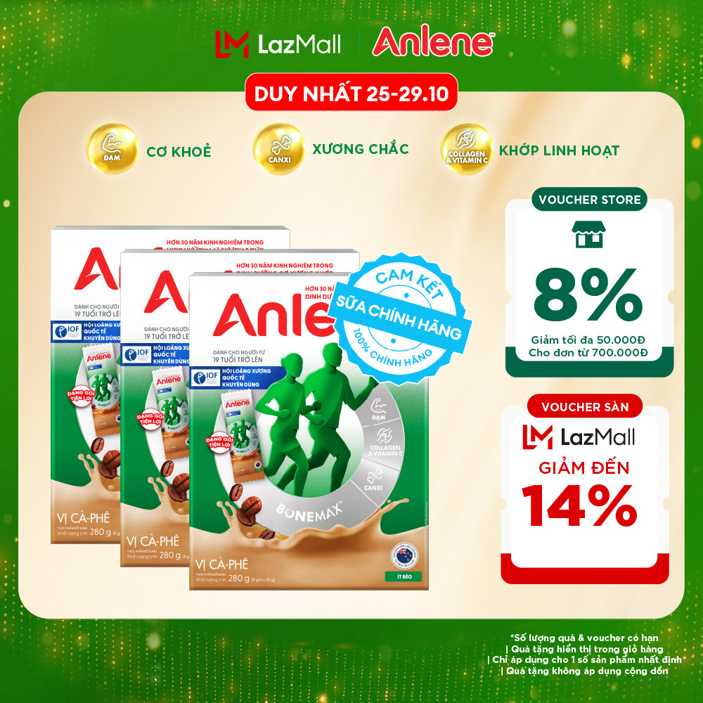 [Voucher giảm đến 26%] Combo 3 Sữa Bột Anlene Hương Cà Phê Dạng Gói Tiện Lợi (8 Gói x 35G)