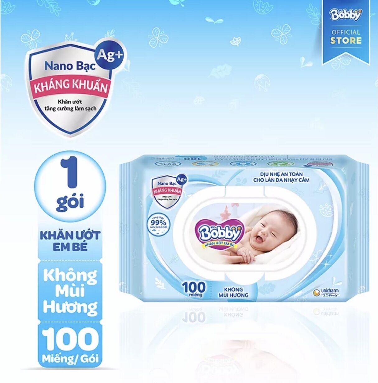 Khăn giấy ướt Bobby 100 miếng không mùi màu (xanh)