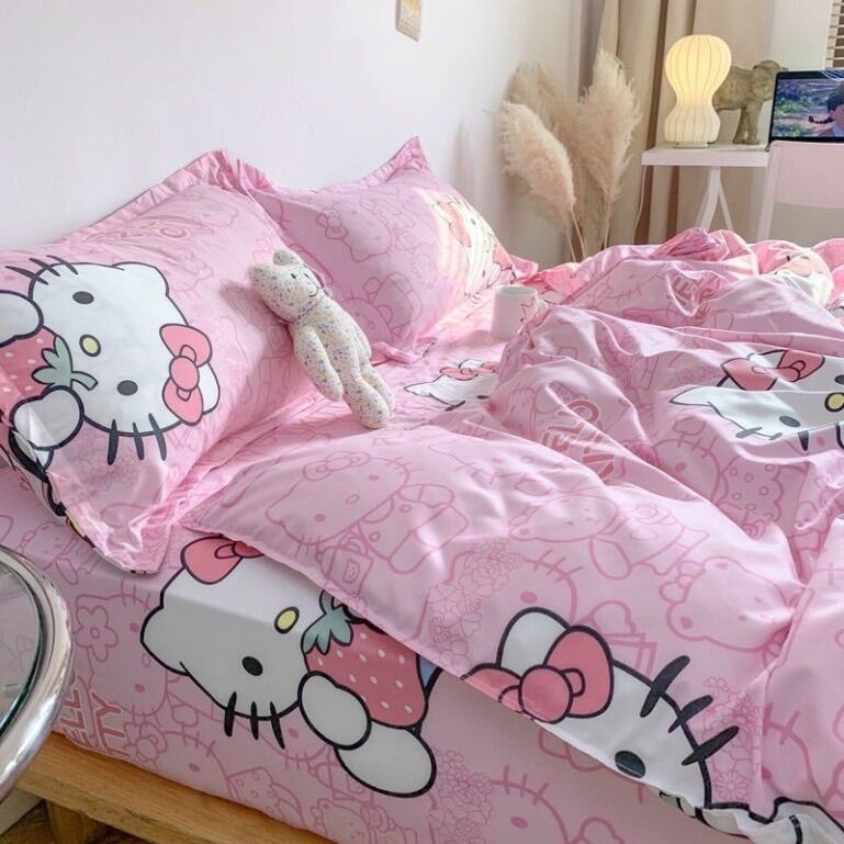 Chăn ga gối cotton poly - Mẫu hello kitty.