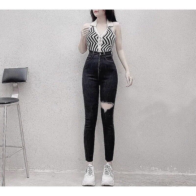 quần cạp cao chất denim co giãn rách