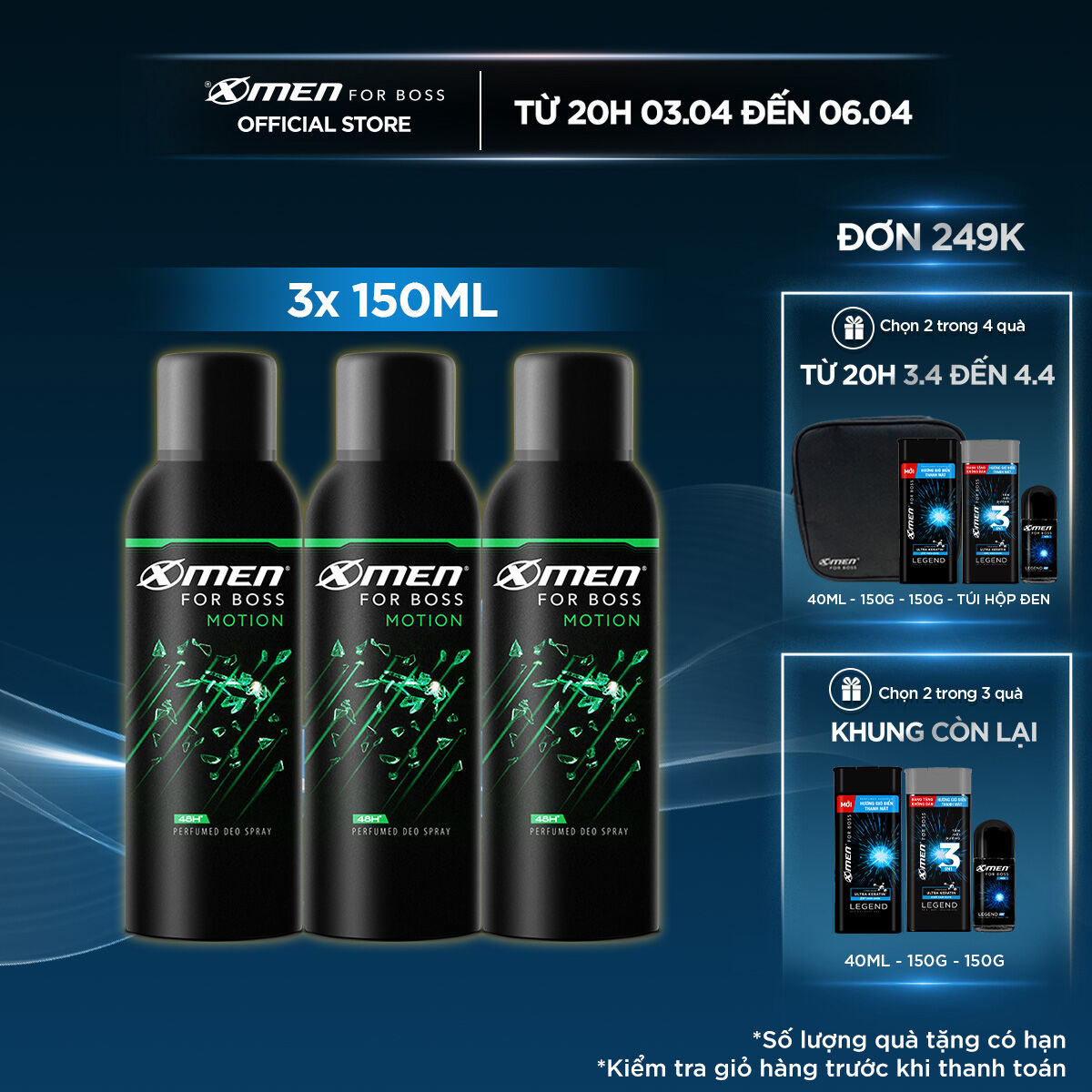 Combo 3 Xịt khử mùi X-Men for Boss Motion 150ml/chai