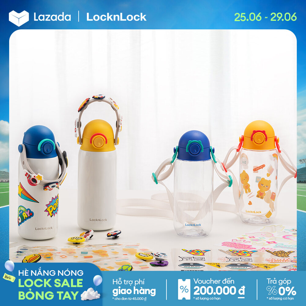 Bình giữ nhiệt trẻ em Lock&Lock DIY Strap Tumbler 350ml LHC3283 - Có quai xách - Kèm sticker Phi hành gia - Hàng chính hãng