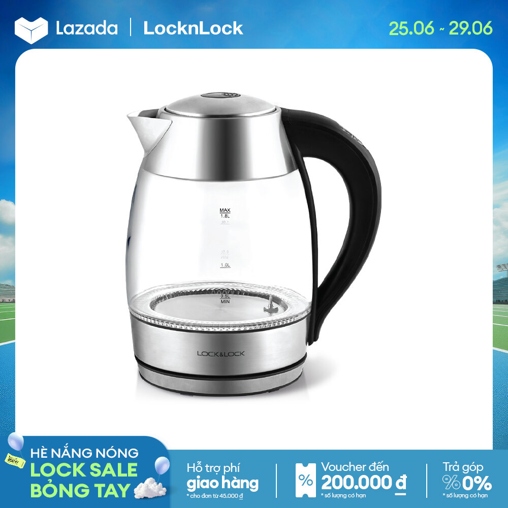 EJK418SLV - Ấm siêu tốc thủy tinh Lock&Lock 1.8L 1850W - Tích hợp đèn LED, Tay cầm cách nhiệt - Hàng chính hãng - Bảo hành 2 năm