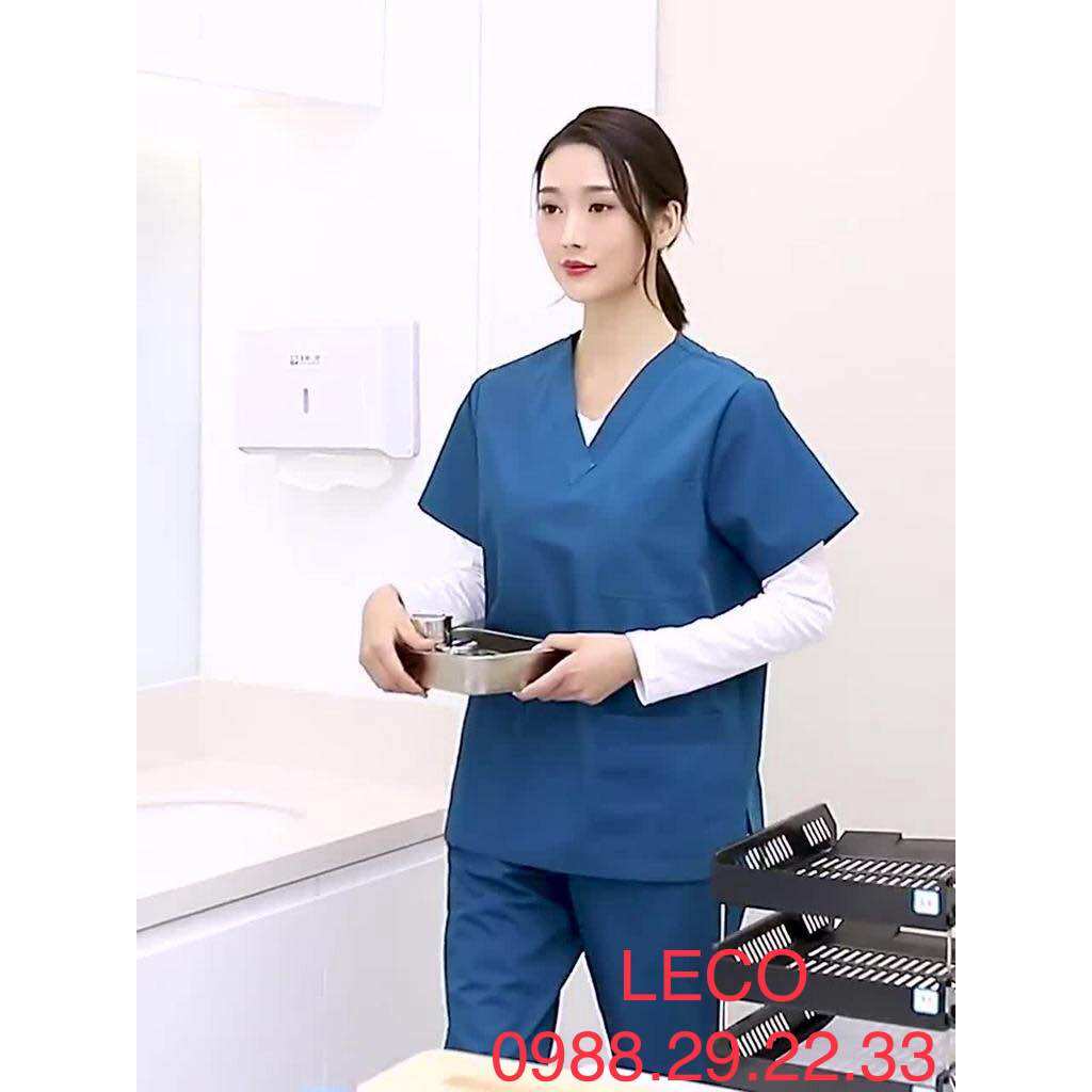 Đồng phục y tế - spa cổ tim xanh đảo cao cấp cotton lạnh Hàn