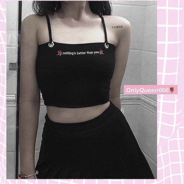 [HCM]Áo 2 dây croptop thêu chữ ( có mút ngực )