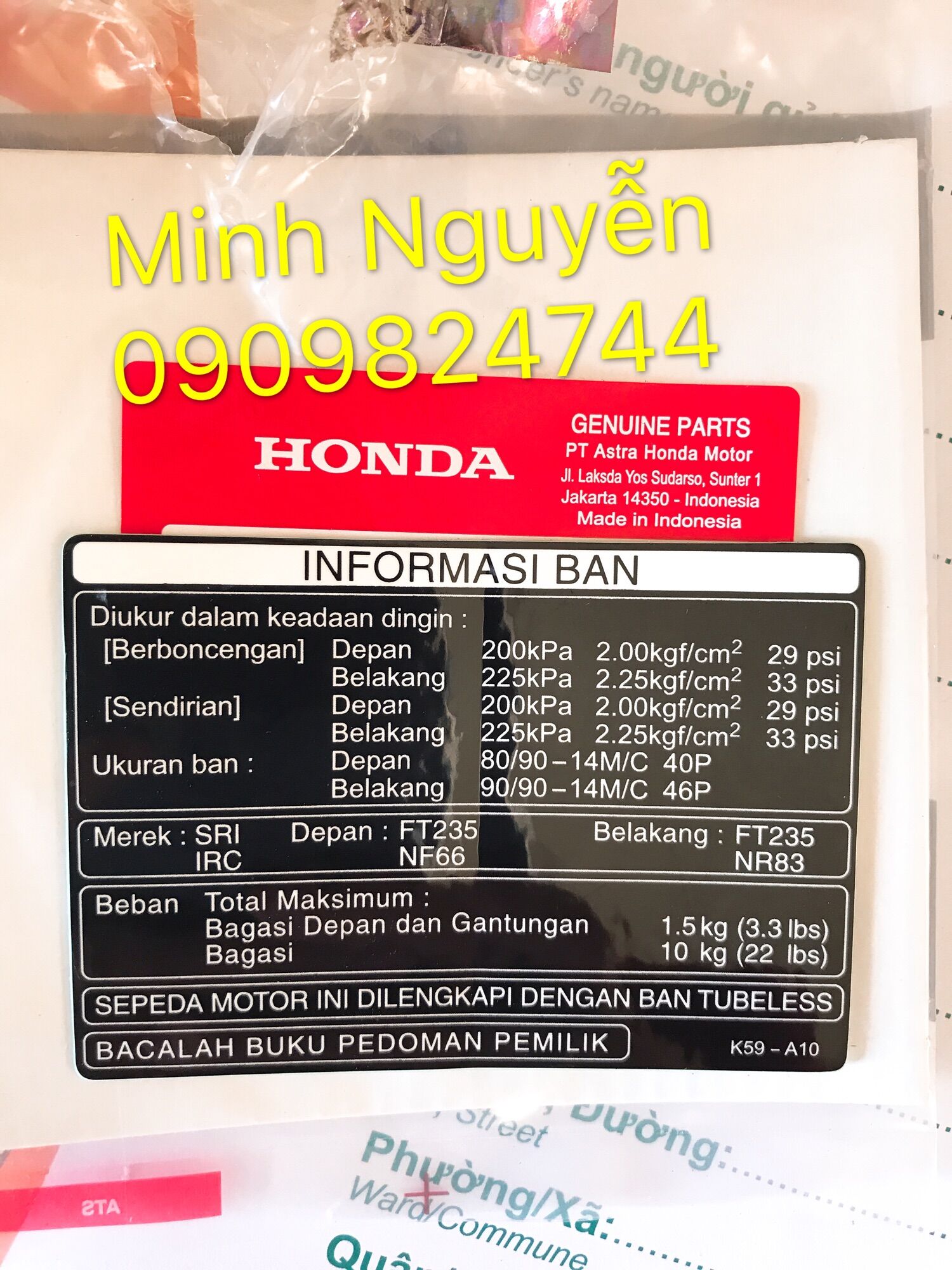 Tem thông số lớn dán yếm khoa lớn xe vario