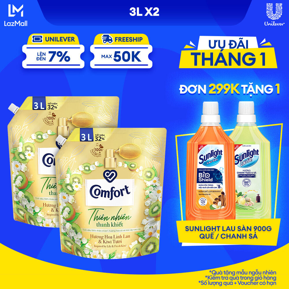 Combo 2 Nước Xả Vải Comfort Thiên Nhiên Thanh Khiết Hương Hoa Linh Lan & Kiwi Tươi 3.0L