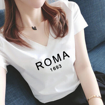 Áo Thun Mặc Trong 2022 Cotton Cổ Tim Tay Lửng Mẫu Mới Mùa Hè Rộng Rãi Cổ V Áo Phông Nữ Tay Ngắn Màu Trắng