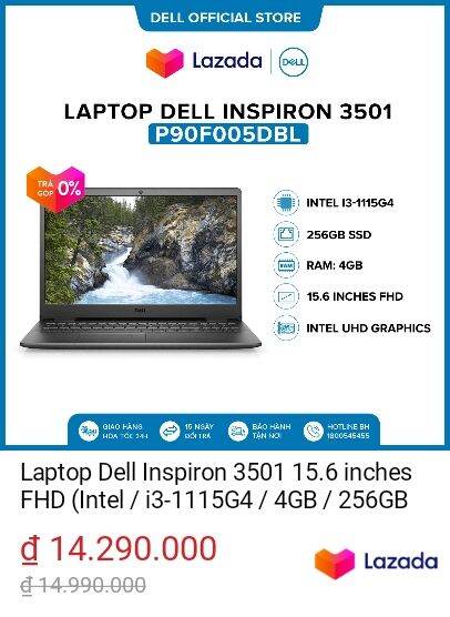 Laptop Dell Inspiron 3501 15.6 inches FHD (Intel / i3-1115G4 / 4GB / 256GB SSD / Win 10 Home SL) l Black l P90F005DBL l HÀNG CHÍNH HÃNG | https://s.lazada.vn/s.Yed0W