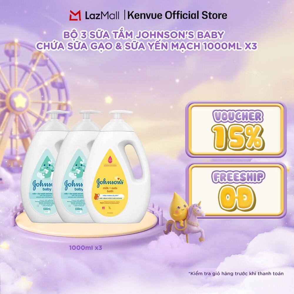 Combo 3 Sữa tắm Johnson's Baby Chứa Sữa Gạo  Yến Mạch - Dung tích 1000ml/chai