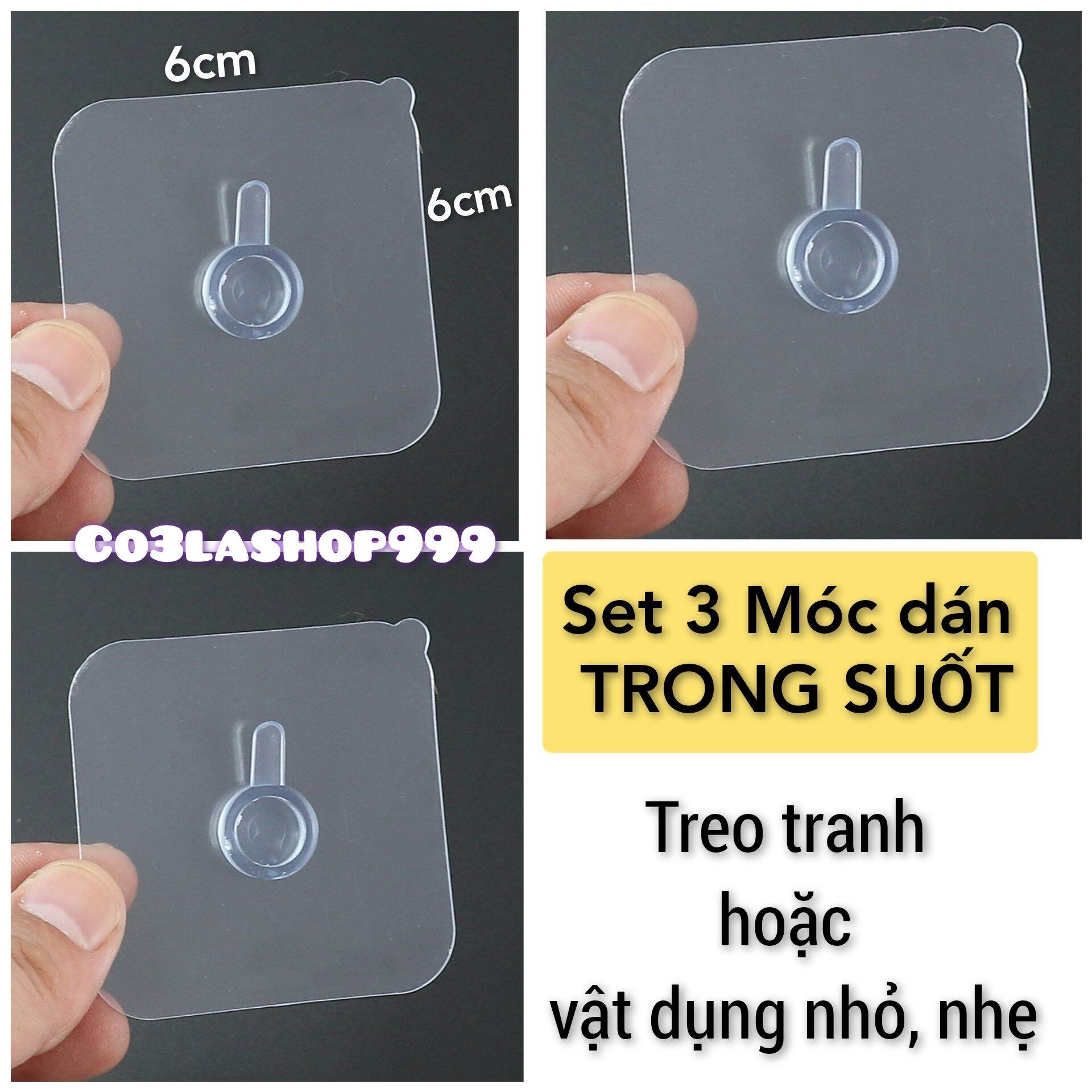 Set 3 Móc dán treo tranh dán tường gạch men, cửa kính, bề mặt láng mịn trơn bóng
