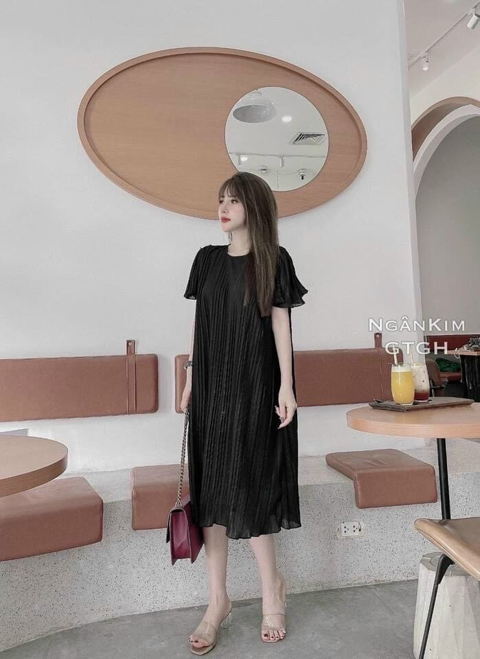 Đầm bầu công sở suông xếp ly thời trang