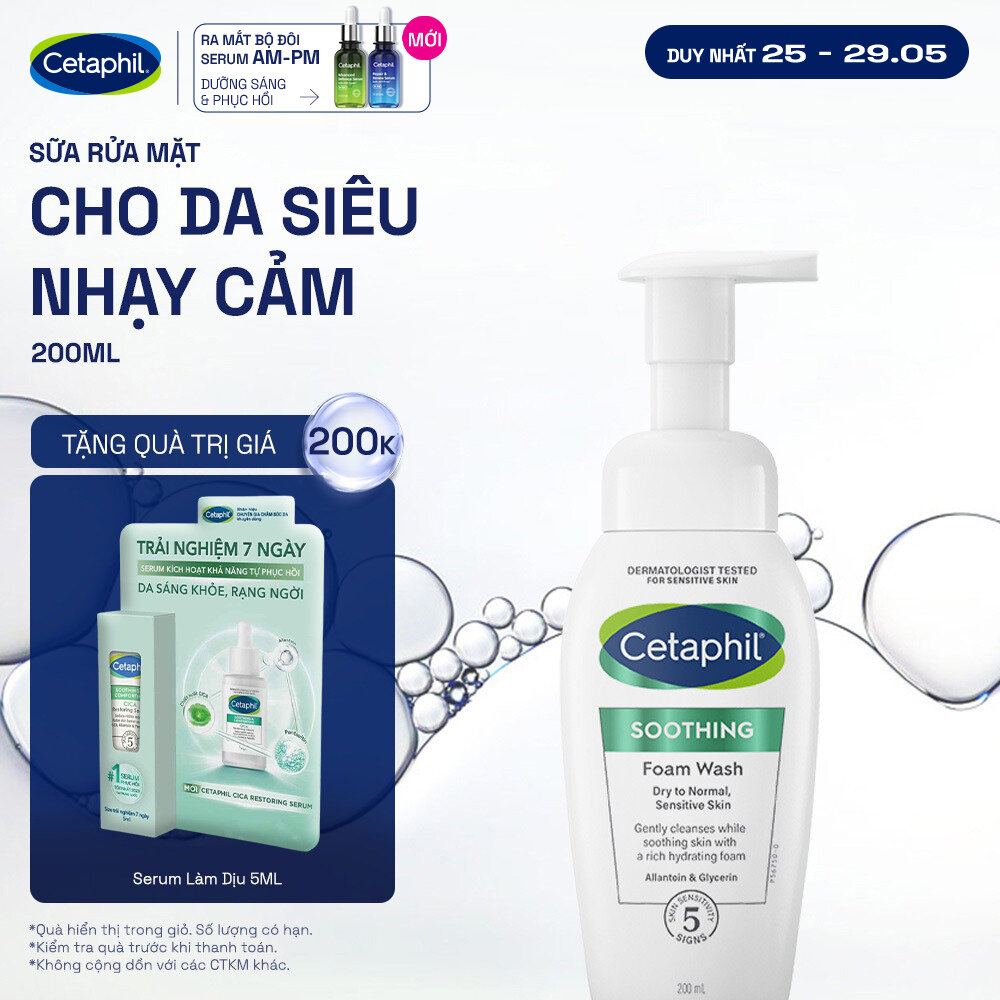 Sữa rửa mặt dạng bọt siêu mềm mịn giúp làm dịu tức thì  cấp ẩm tối ưu cho da nhạy cảm CETAPHIL SOOTHING FOAM WASH 200ML