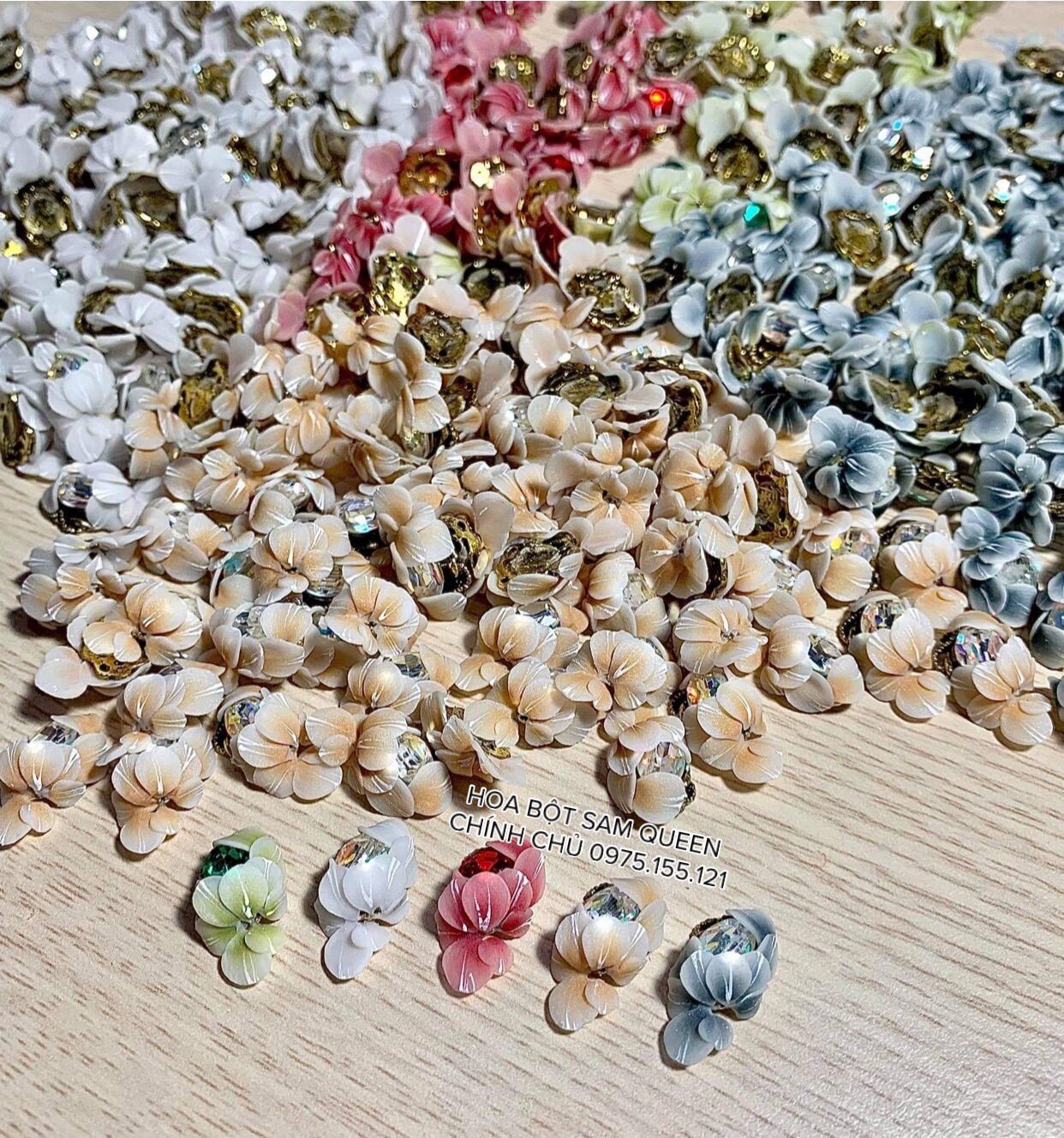 Hoa bột ôm charm đá đính móng, hoa bột trang trí móng(100A..G)