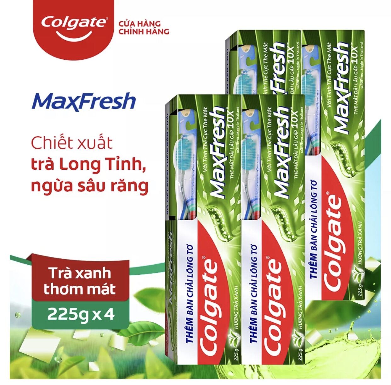 Bộ 4 Kem đánh răng Colgate Maxfresh trà xanh 225g tặng kèm bàn chải