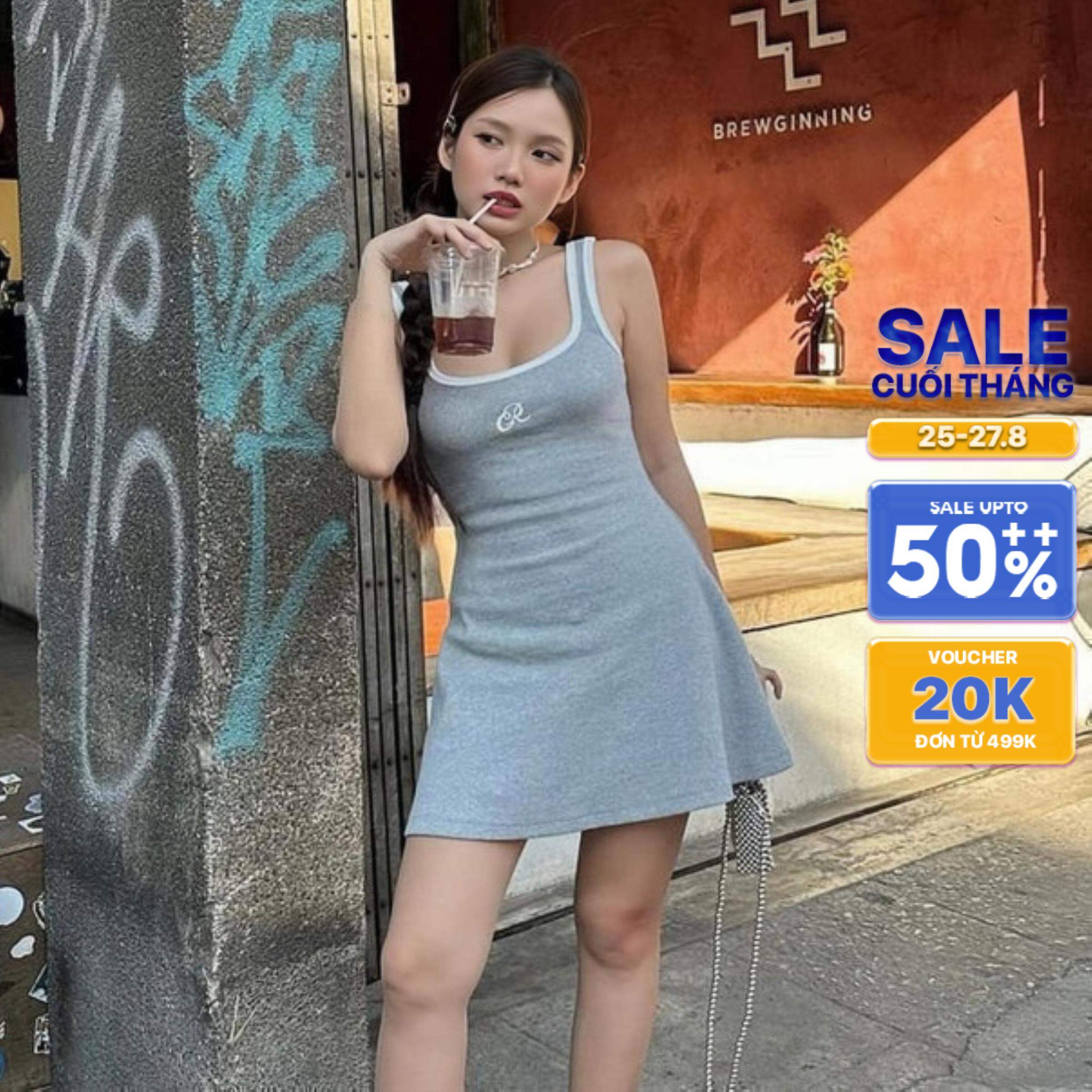 CARA Đầm thun basic dáng ngắn Rosan cổ vuông viền trắng năng động