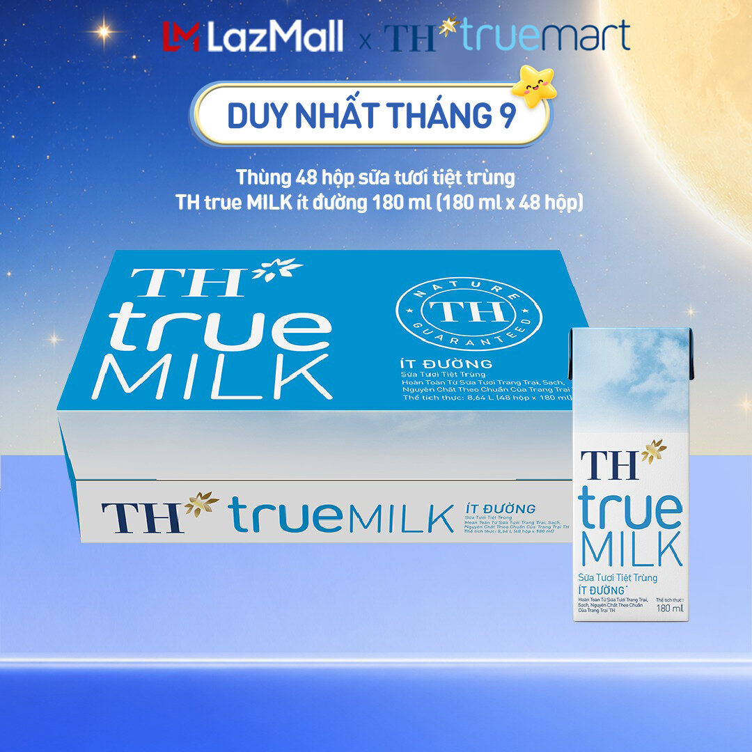 Thùng 48 hộp sữa tươi tiệt trùng TH true MILK ít đường 180 ml (180 ml x 48)