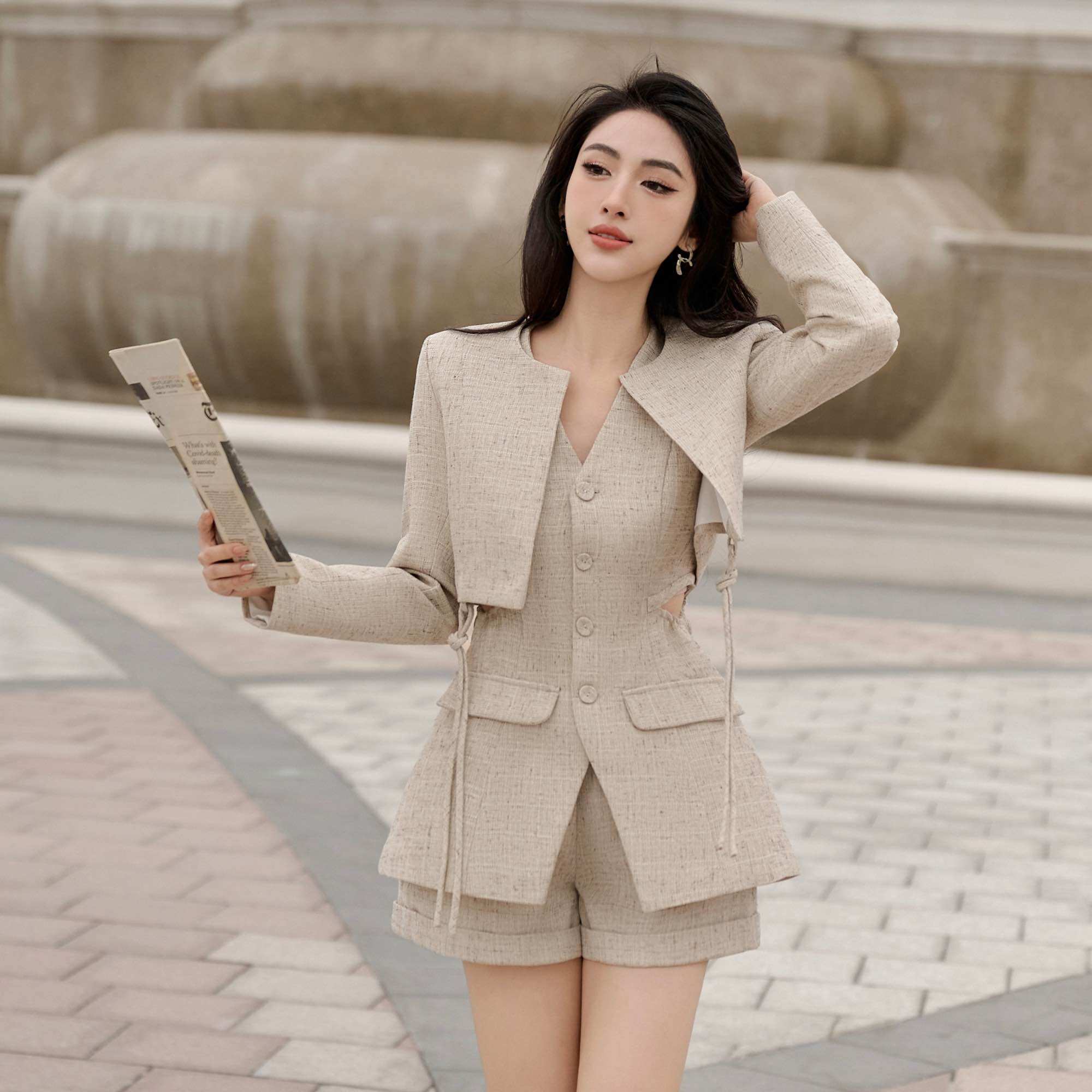 LAGOM - Set 3 món áo sát nách quần short áo khoác dáng lửng