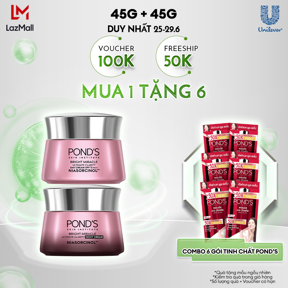 Combo Kem dưỡng sáng da đa tầng ngày & đêm Pond's Bright Miracle mờ thâm sạm với 50X Niasorcinol 45G+45G (bao bì tùy thuộc lô nhập hàng)