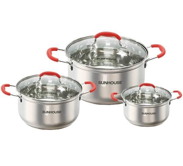 Bộ nồi inox 5 đáy sunhouse mama SHG2503MSD, Bộ nồi cho bếp từ, chất liệu Inox 430, Cấu tạo đáy 5 lớp dày dặn, truyền nhiệt nhanh, giữ nhiệt tốt, chống cháy khét, hàng chính hãng Bếp Sunhouse