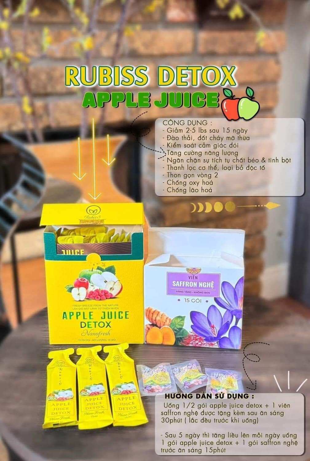 Giảm cân RubisS Detox Apple Juice Detox Tặng Kèm Viên Nghệ Saffron,Chính Hãng, hộp 15 gói, tem nguyên
