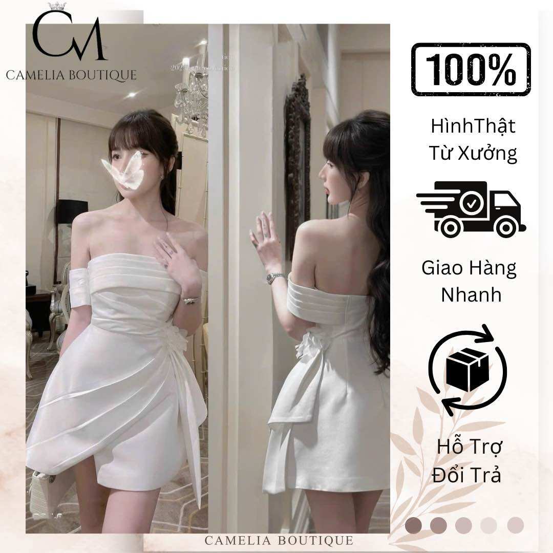 Camelia boutique- đầm trễ vai xếp eo hoa ktcs200