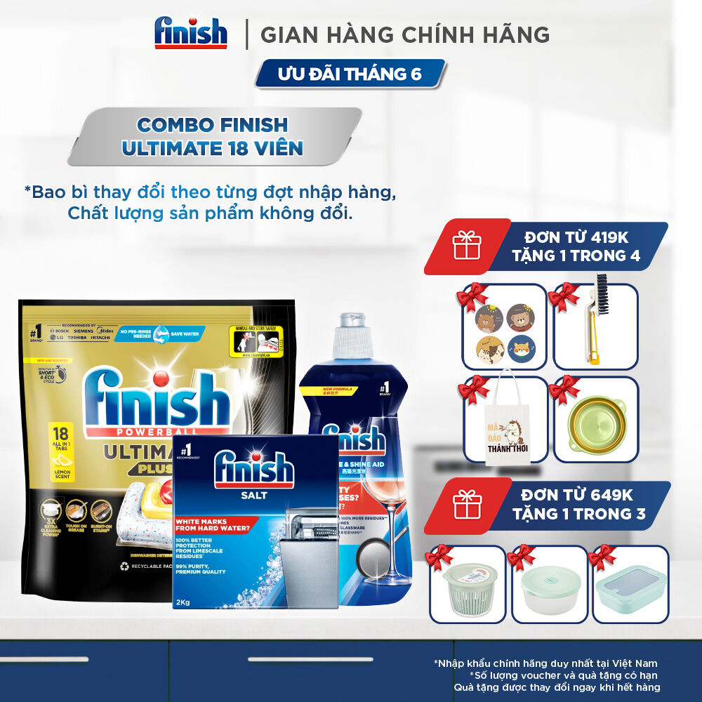 Combo Viên Rửa Chén Bát Finish Powerball Ultimate Plus Intensive Lemon Sparkle 18 Viên + Nước làm bóng Finish 500ml + Muối rửa chén 2kg