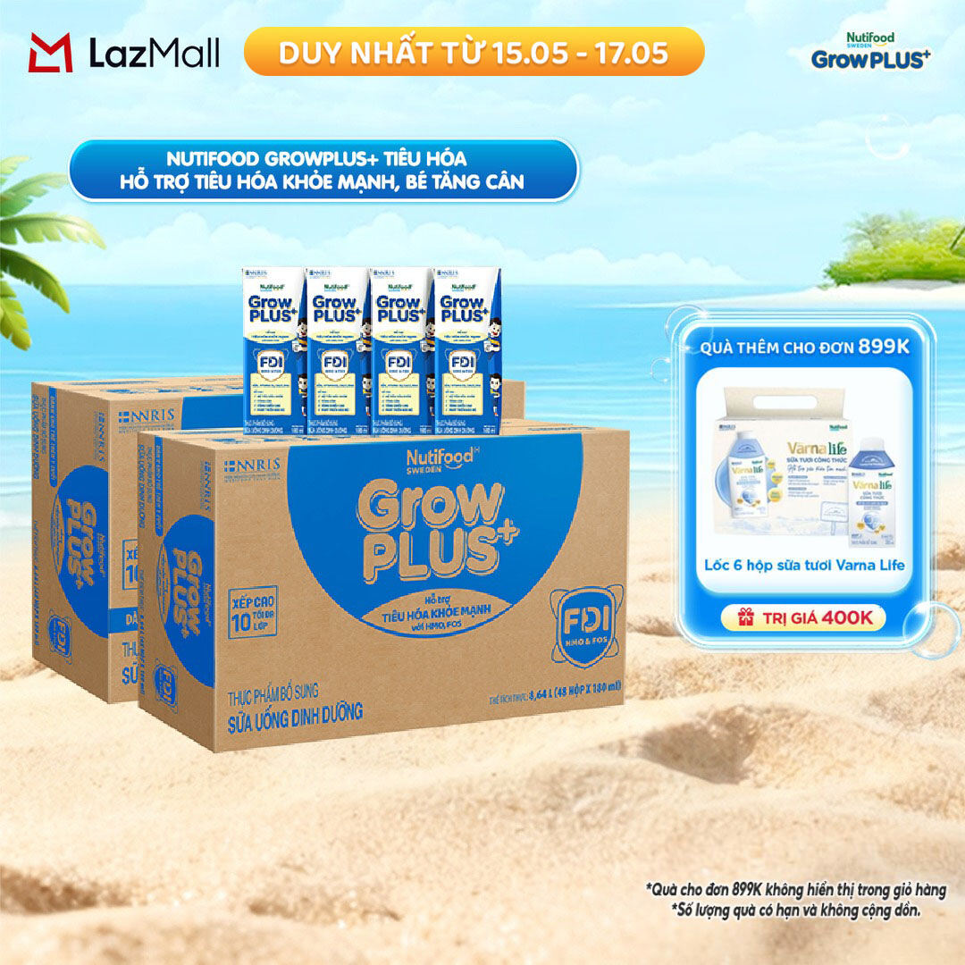 Combo 2 Sữa bột pha sẵn Nutifood Sweden GrowPLUS+ Tiêu Hóa (Xanh Nhạt) - Hỗ trợ tiêu hóa khỏe mạnh, bé tăng cân (48 hộpx180ml)
