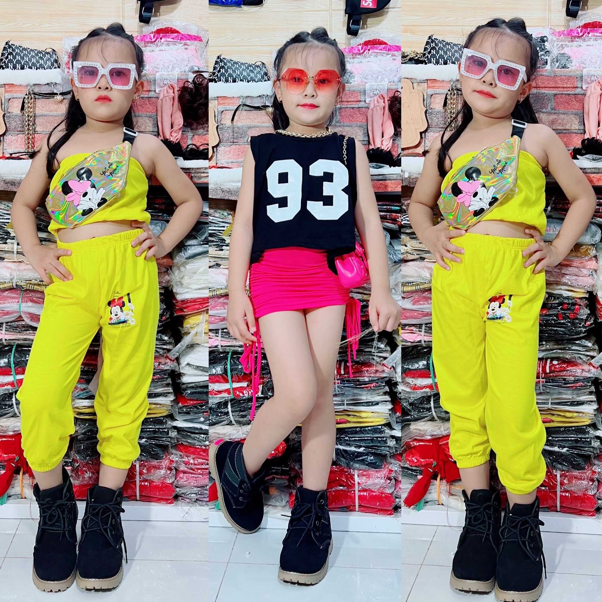 Set áo đen váy nhún rút dây cho bé