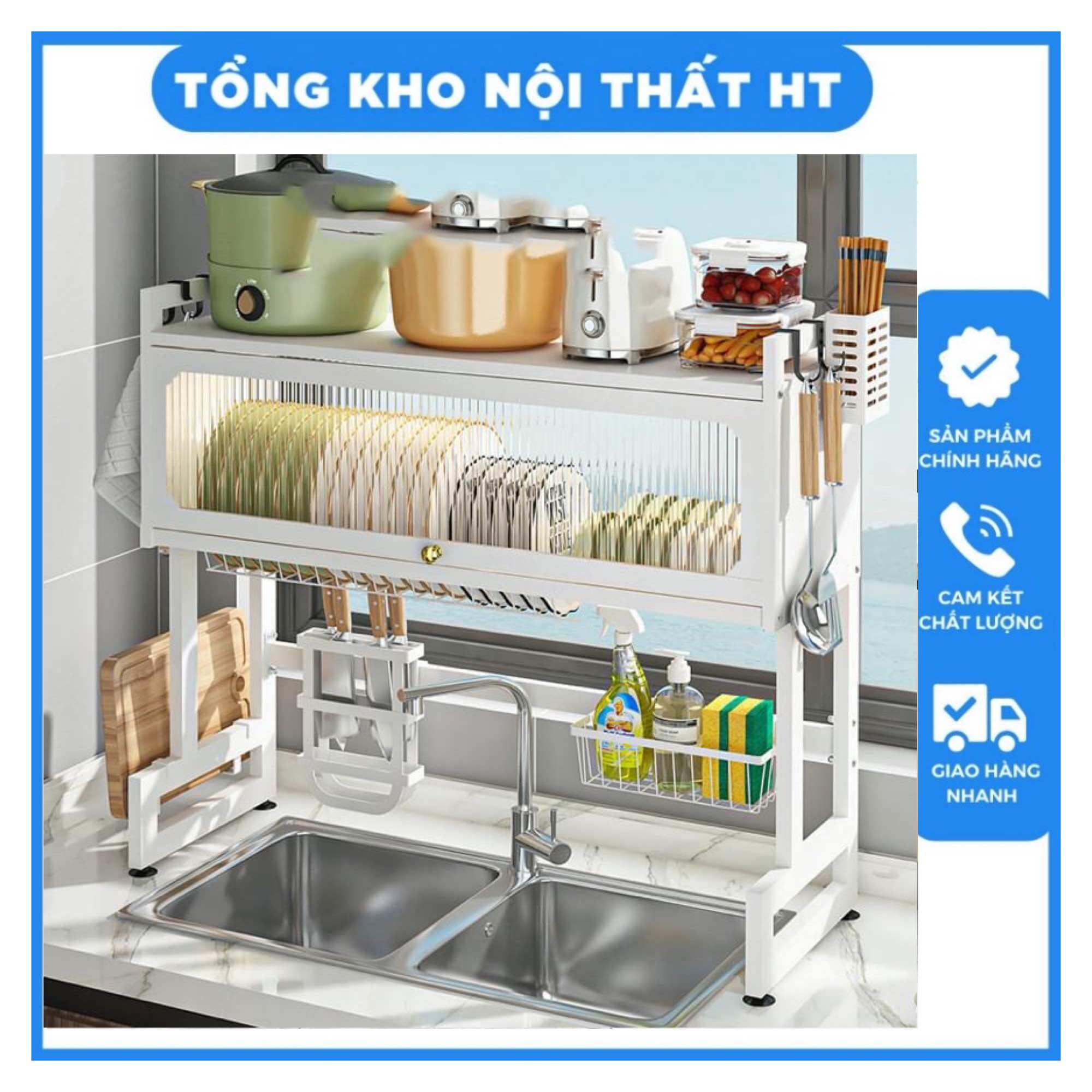 Kệ để chén bát có Nắp đậy màu Trắng kệ đa năng sơn tĩnh điện Cao Cấp 85cm
