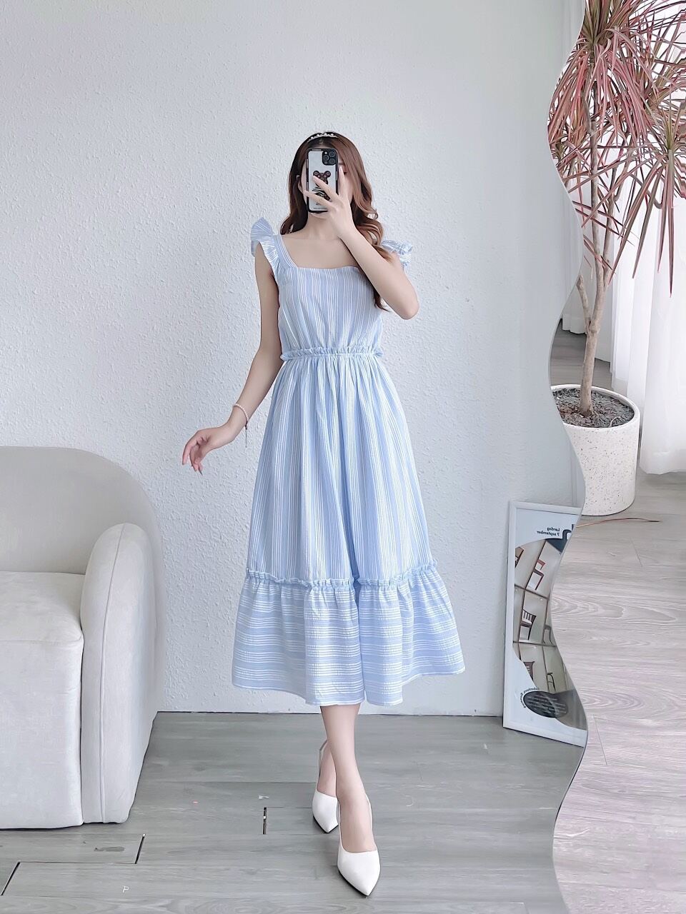 Đầm midi đũi xanh cam vnxk