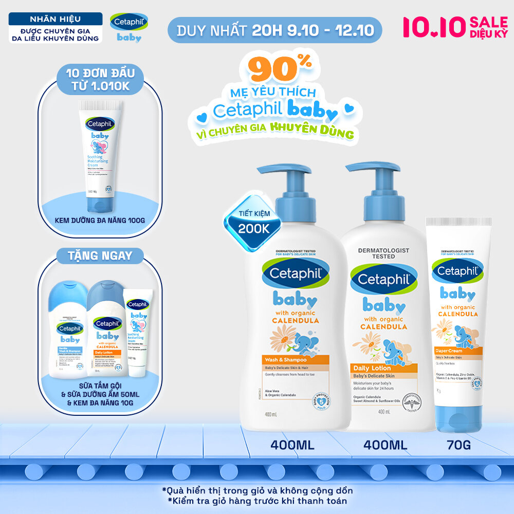 Bộ Sữa tắm gội 400ML + Sữa dưỡng ẩm 400ML + Kem chống hăm tã 70G CETAPHIL BABY WITH ORGANIC CALENDULA