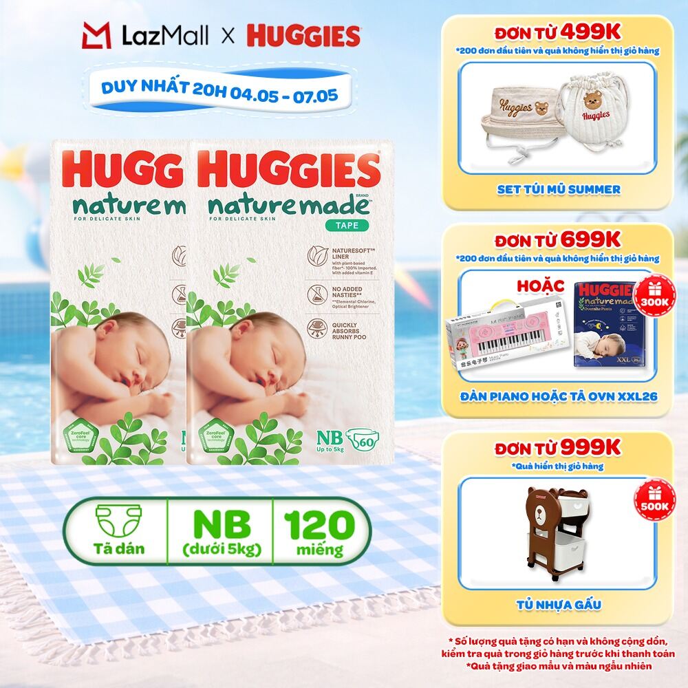 Combo 2 Tã/Bỉm dán sơ sinh Huggies NatureMade NB60 (dưới 5kg)-Gói Jumbo 60 miếng