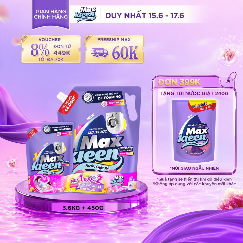 [Tặng kèm nước giặt 450g ngẫu nhiên] Nước giặt xả cho máy giặt cửa trước MaxKleen hương Dấu Ấn Ngọt Ngào 3.6kg