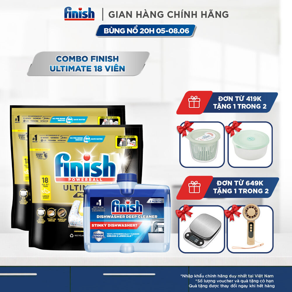 Combo 2 Túi Rửa Chén Bát Finish Powerball Ultimate Plus Intensive Lemon Sparkle 18 Viên + Dung Dịch Vệ Sinh Máy Finish 250ml