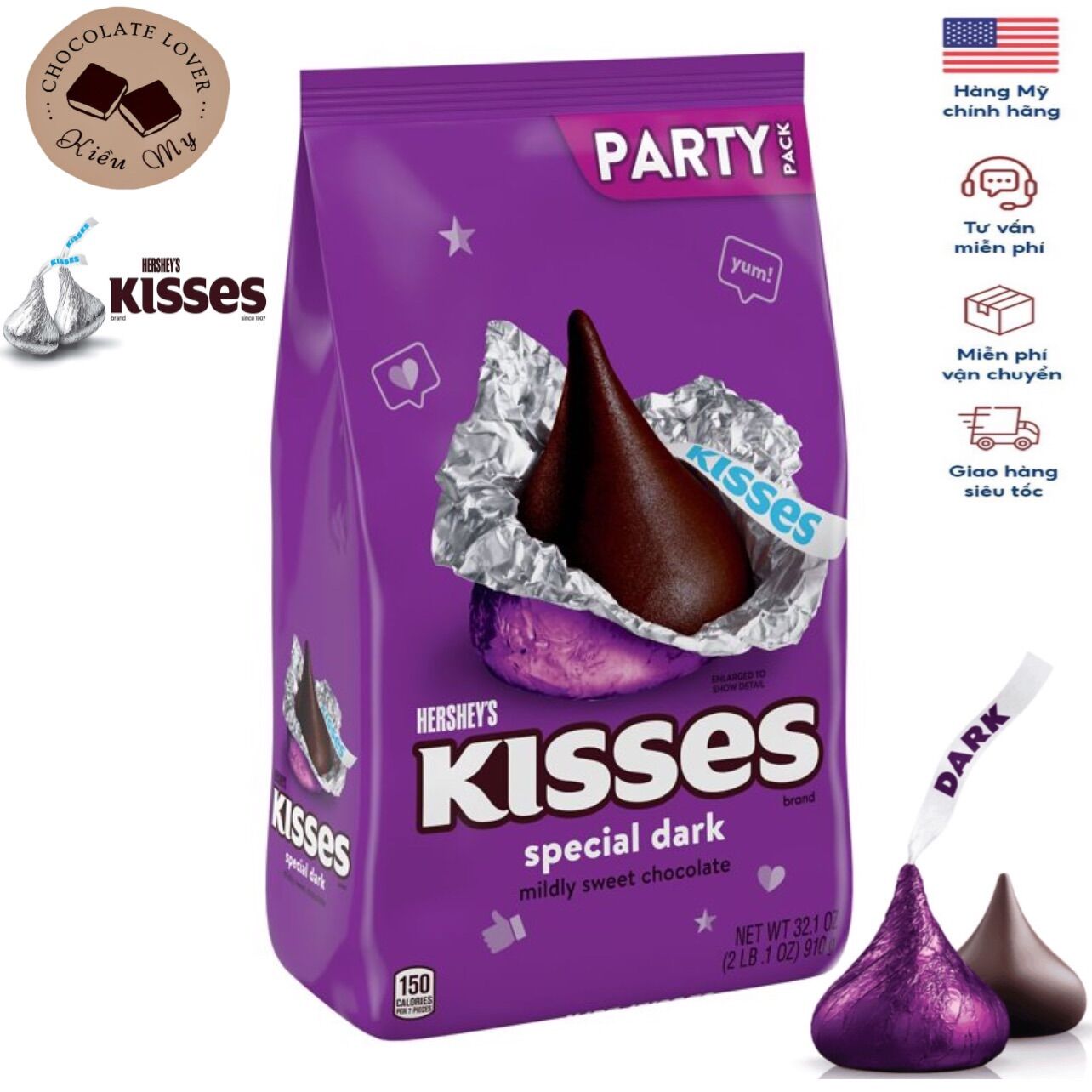 HOT Kẹo socola Mỹ đen Hershey's Kisses special dark túi tím 910g