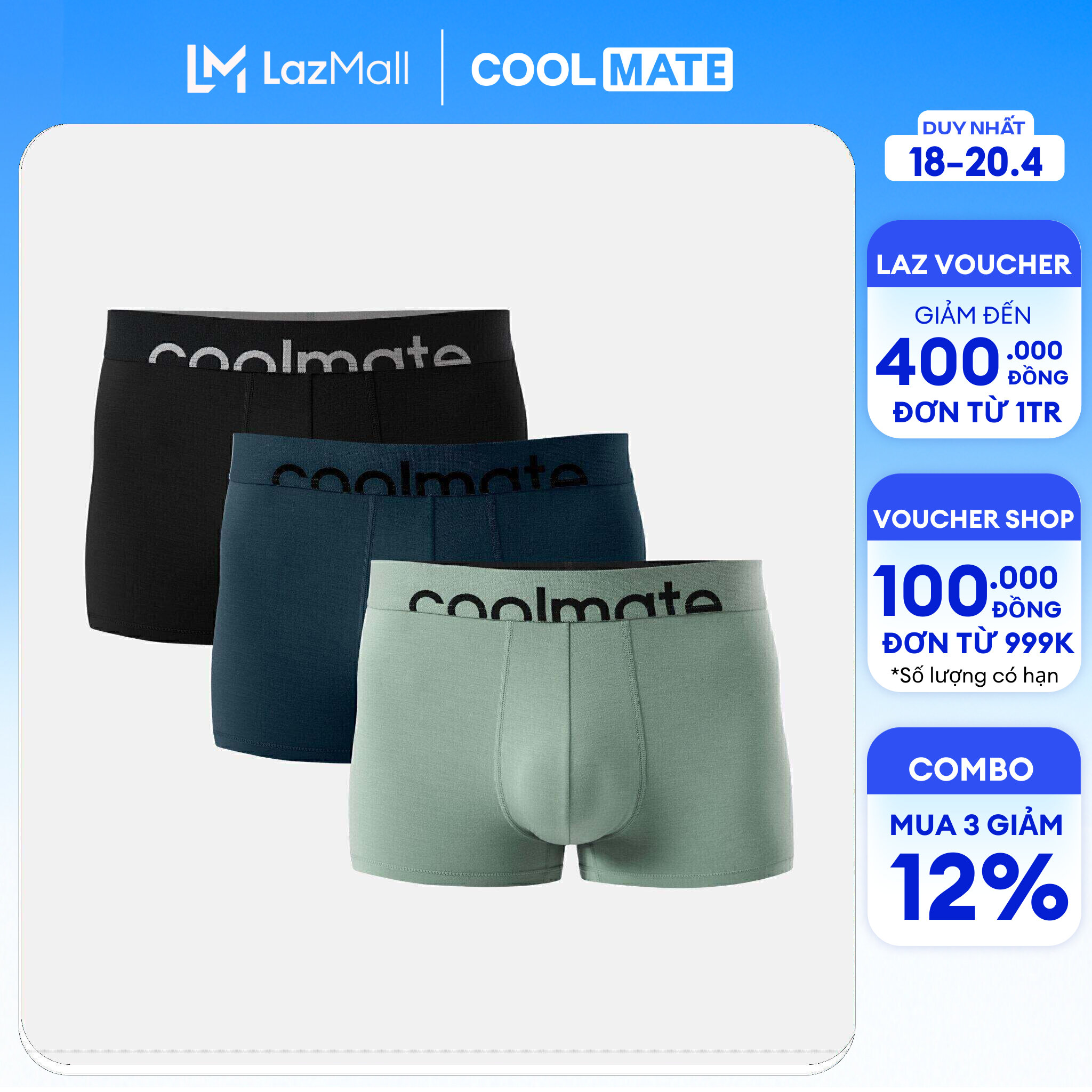 [CHỈ 18-20.4 MUA 3 GIẢM 12%]Combo 3 Quần lót nam trunk Lenzing Modal cạp logo Coolmate