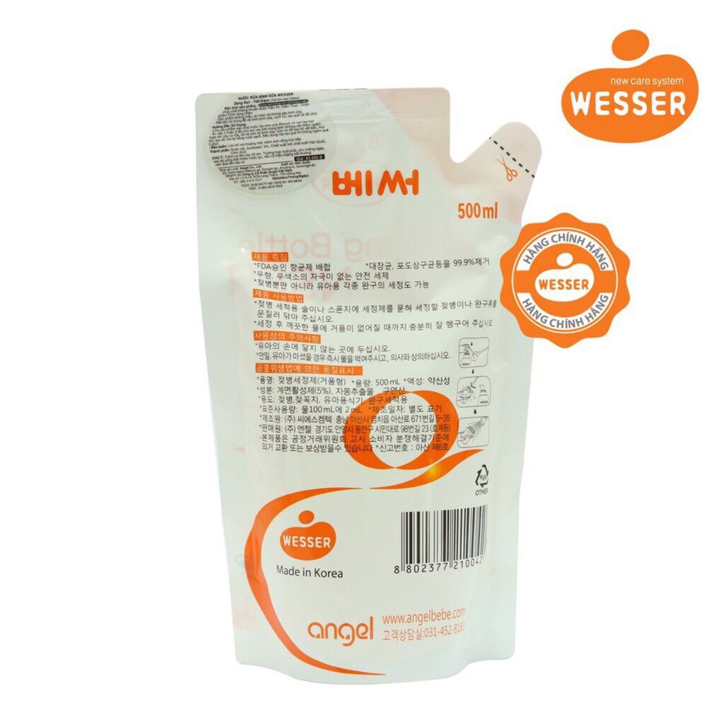 (Dạng túi) Nước súc bình sữa wesser 500ml