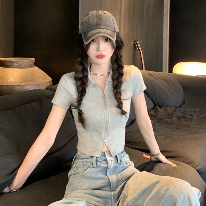 Áo croptop cổ sơ mi phong cách Hàn Quốc dành cho nữ