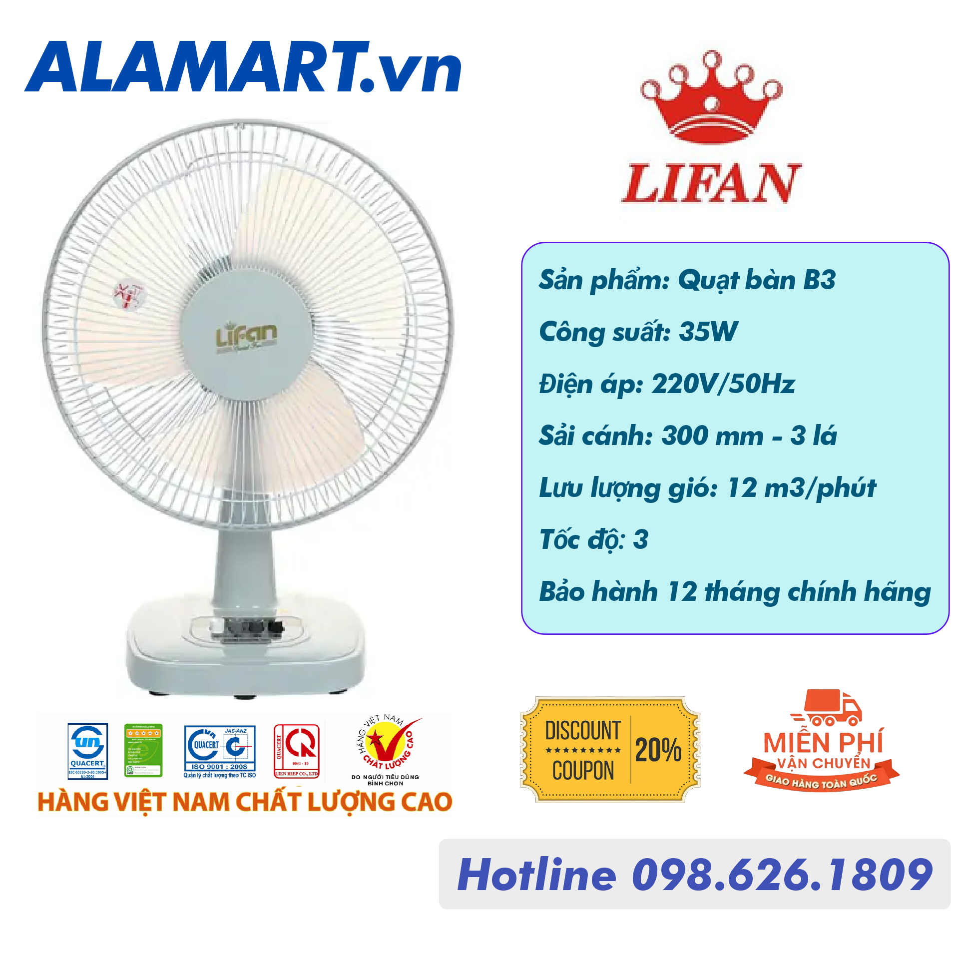 Quạt Bàn Lifan B-212 động cơ dây đồng 35W sải cánh 300mm hoạt động êm ái