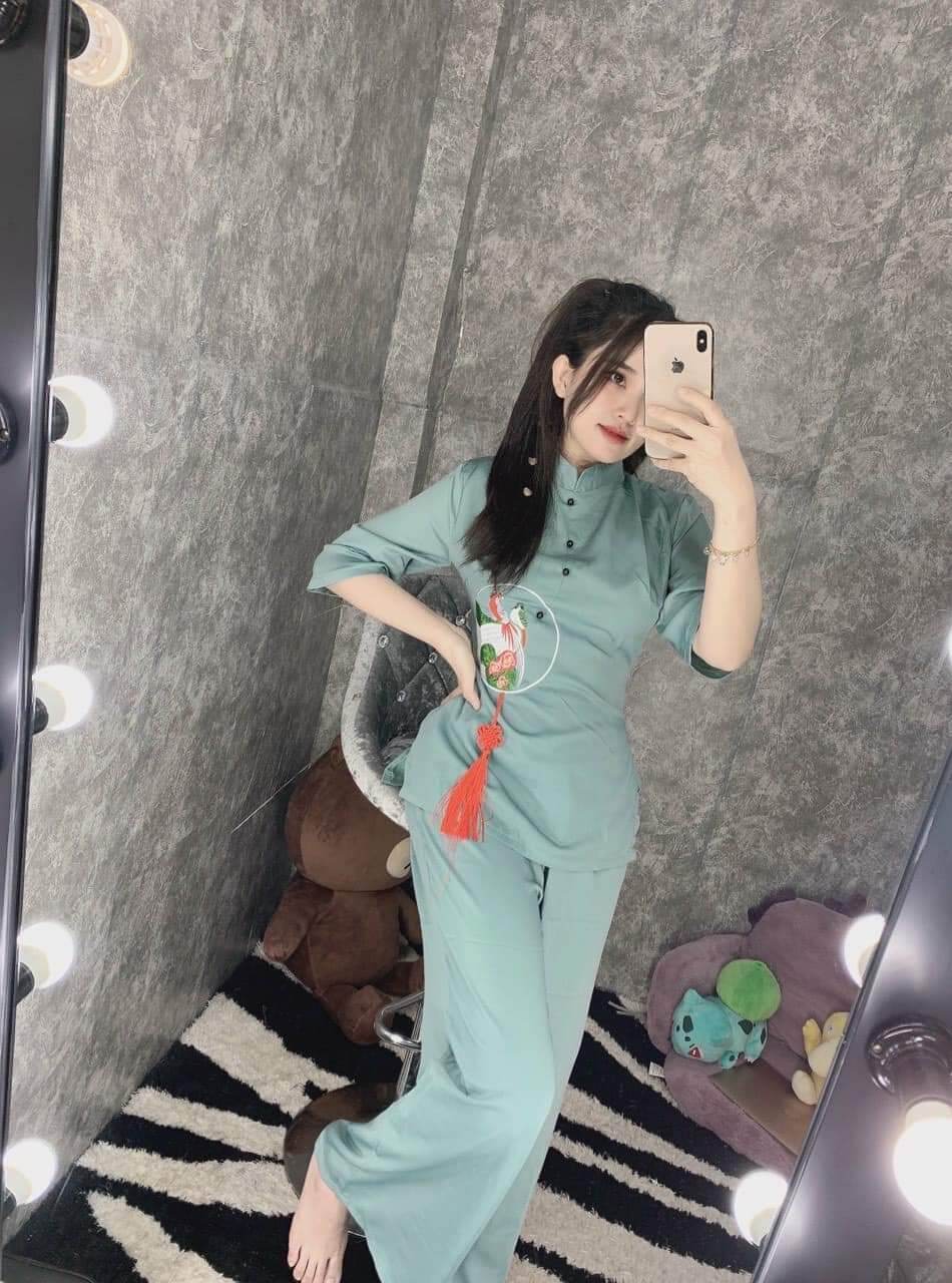 Đồ lam đi chùa - mẫu nữ lua thêu ngọc bội cao cấp
