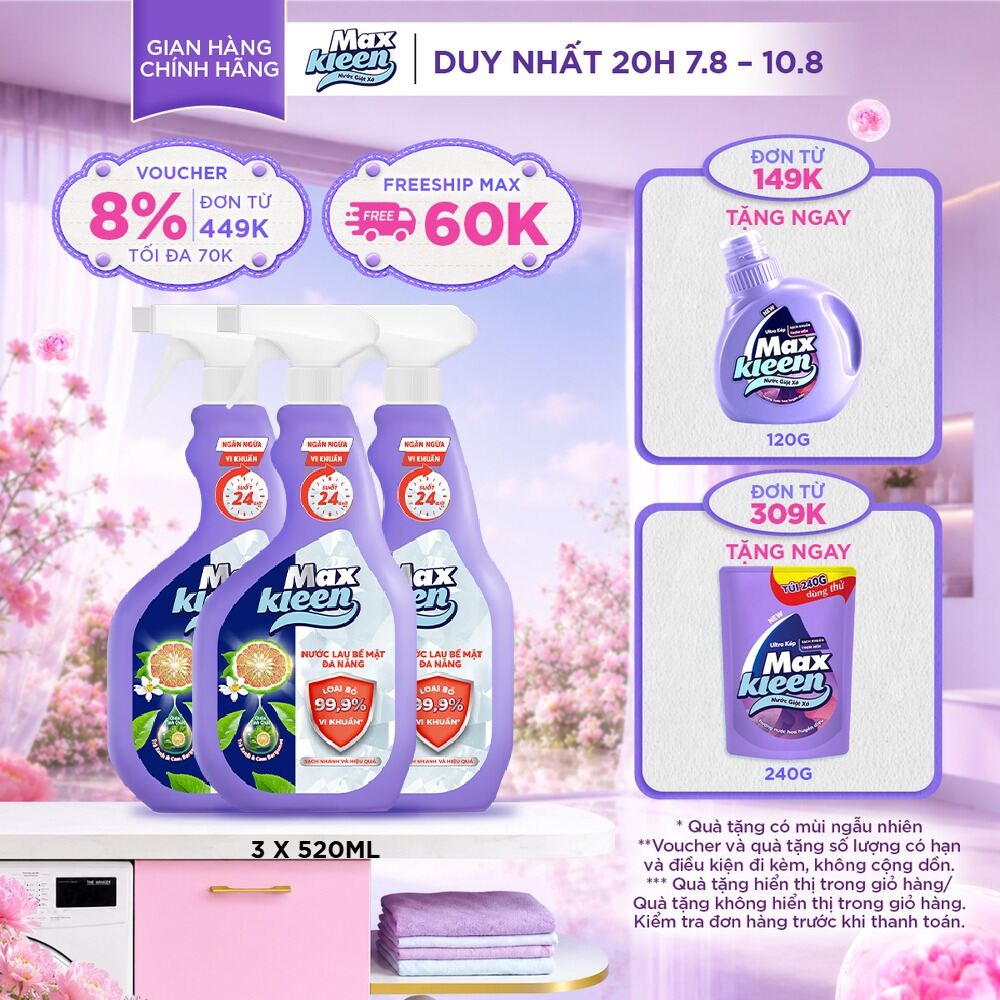 Combo 3 Nước Lau Bề Mặt Đa Năng MaxKleen Loại Bỏ 99.9% Vi Khuẩn Hương Trà Xanh  Cam Bergamot 520mlx3