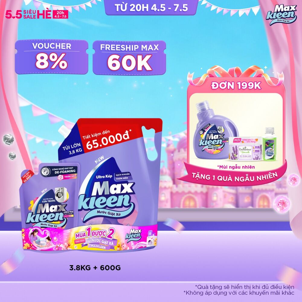 Combo Nước giặt xả MaxKleen Hương Nước Hoa Huyền Diệu: 1 Túi 3.8kg + 1 Túi 600g