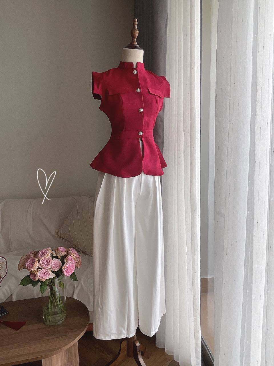 SÉT ÁO PEPLUM ĐỎ KÈM QUẦN SUÔNG TRẮNG