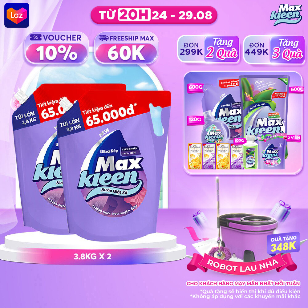 Combo 2 Túi Nước Giặt Xả MaxKleen Hương Nước Hoa Huyền Diệu (3.8kg/túi)