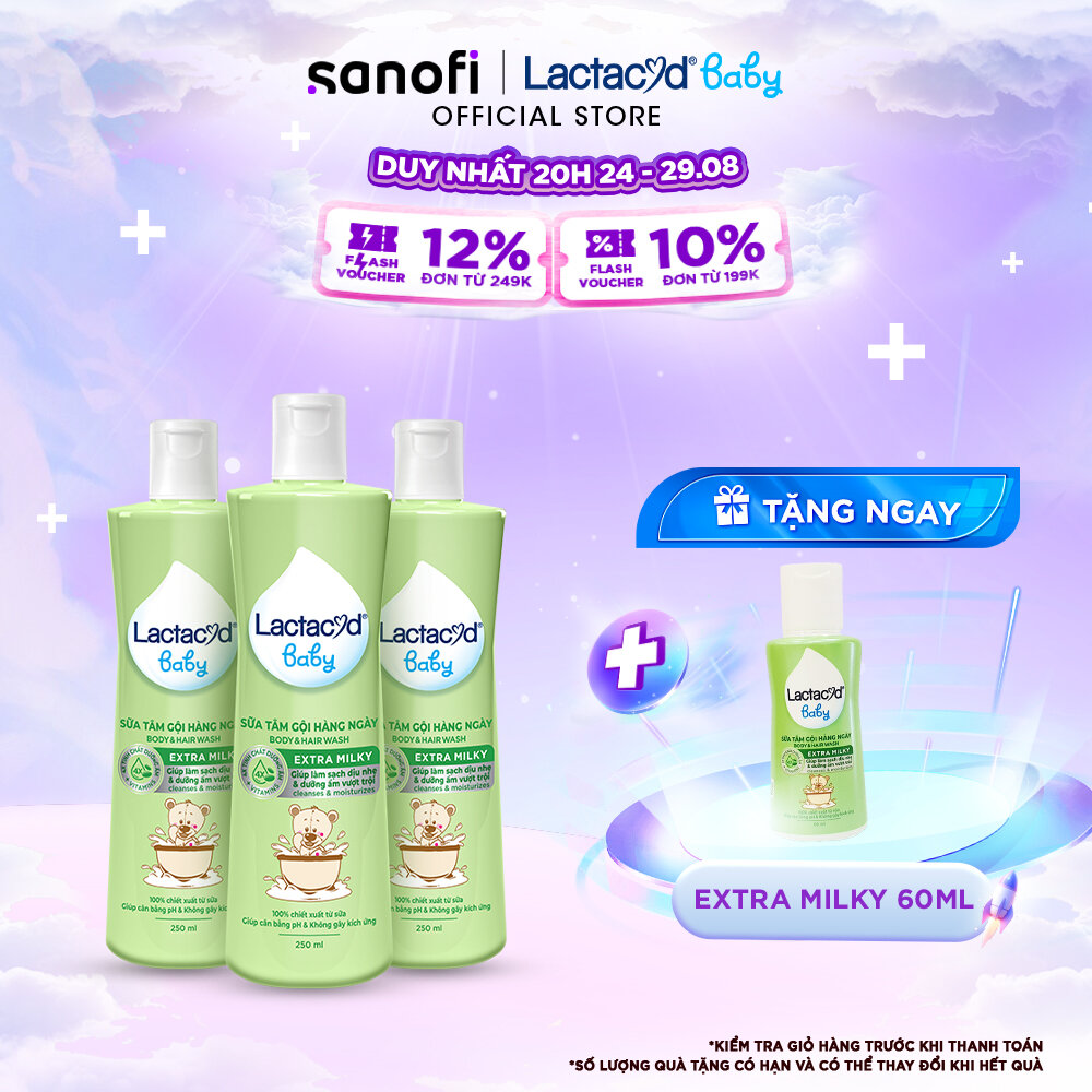 Bộ 3 chai Sữa Tắm Gội Trẻ Em Lactacyd Baby Extra Milky Làm Sạch Dịu Nhẹ và Dưỡng Ẩm Vượt Trội 250ml/chai